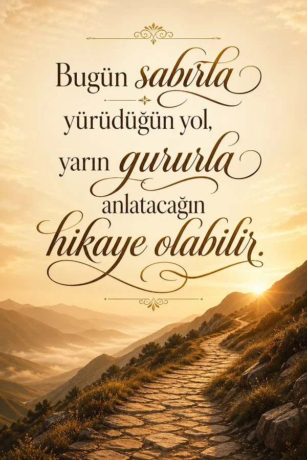 Dağ yolunda güneş ışığı ve sabırla ilgili motivasyon sözü bulunan dikey görsel.