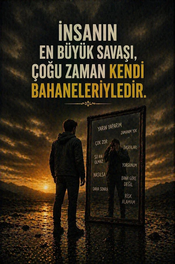 Aynaya bakan kişi ve bahanelerle ilgili motivasyon sözü bulunan dikey görsel.