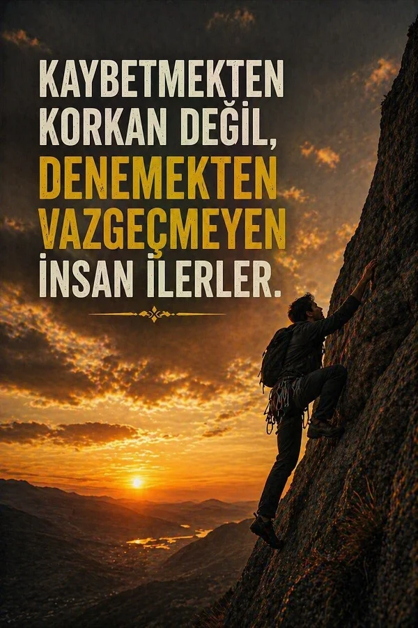 Kayaya tırmanan kişi ve vazgeçmemekle ilgili motivasyon sözü bulunan görsel.