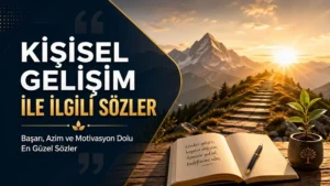 Kişisel gelişim ile ilgili sözler başlıklı, başarı azim ve motivasyon temasını yansıtan dağ yolu, açık defter ve büyüyen bitki detaylı blog kapak tasarımı.
