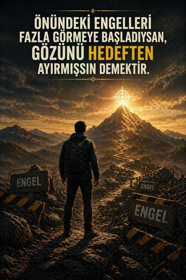 Dağ zirvesine bakan kişi ve hedefle ilgili motivasyon sözü bulunan dikey görsel.