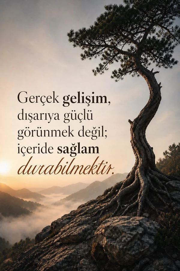 Kayalıkta duran ağaç ve gelişimle ilgili anlamlı söz bulunan dikey görsel.