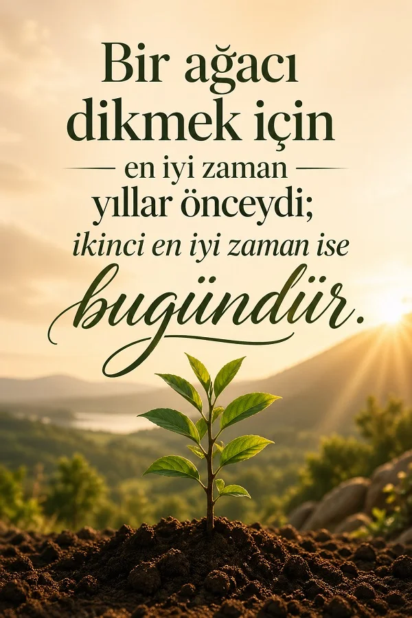 Topraktan çıkan fidan ve başlamakla ilgili motivasyon sözü bulunan dikey görsel.