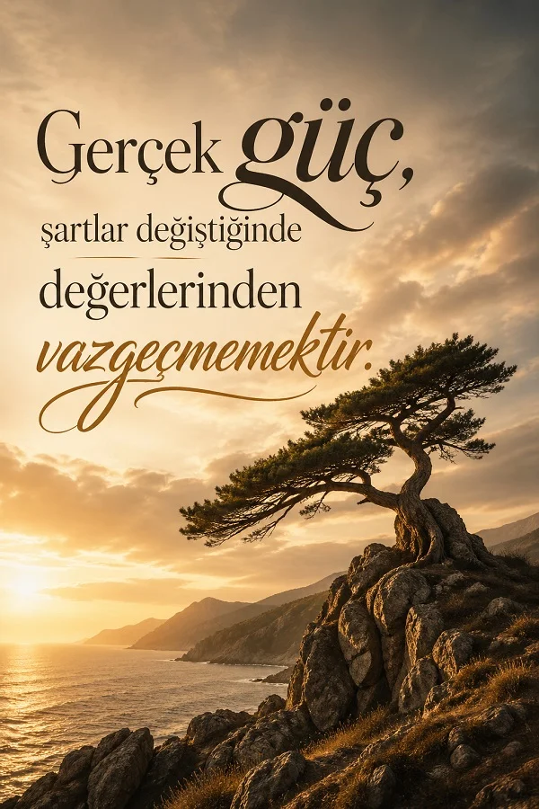 Kayalıkta duran ağaç ve gerçek güçle ilgili söz bulunan dikey görsel.