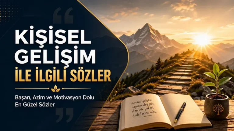 Kişisel gelişim ile ilgili sözler başlıklı, başarı azim ve motivasyon temasını yansıtan dağ yolu, açık defter ve büyüyen bitki detaylı blog kapak tasarımı.