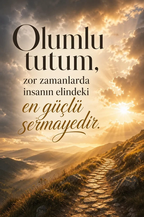 Dağ yolu ve olumlu tutumla ilgili motivasyon sözü bulunan dikey görsel.