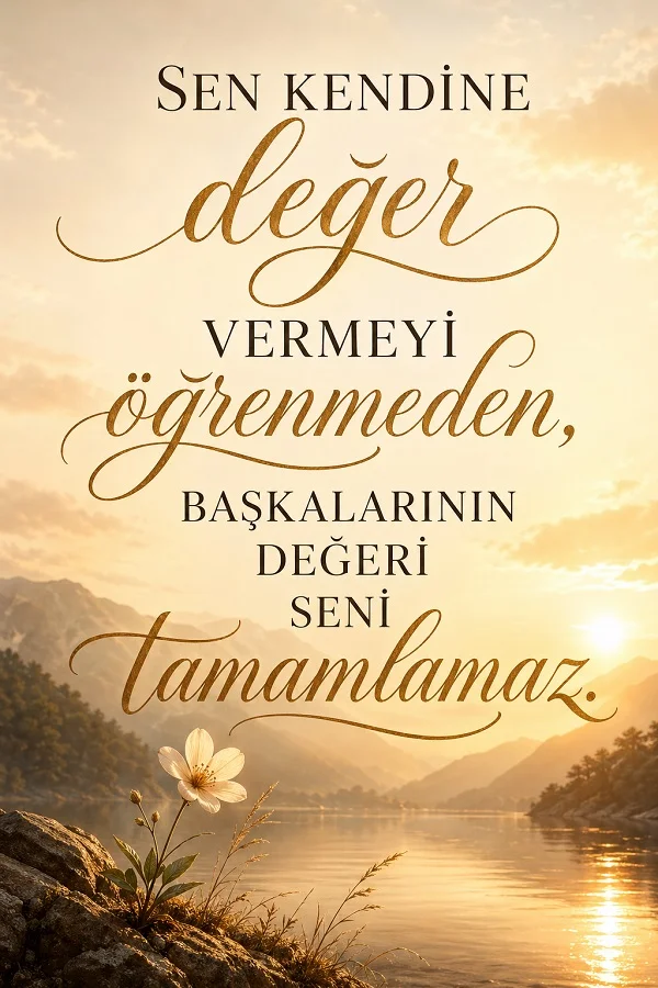 Göl kenarında çiçek ve kendine değer vermekle ilgili söz bulunan dikey görsel.