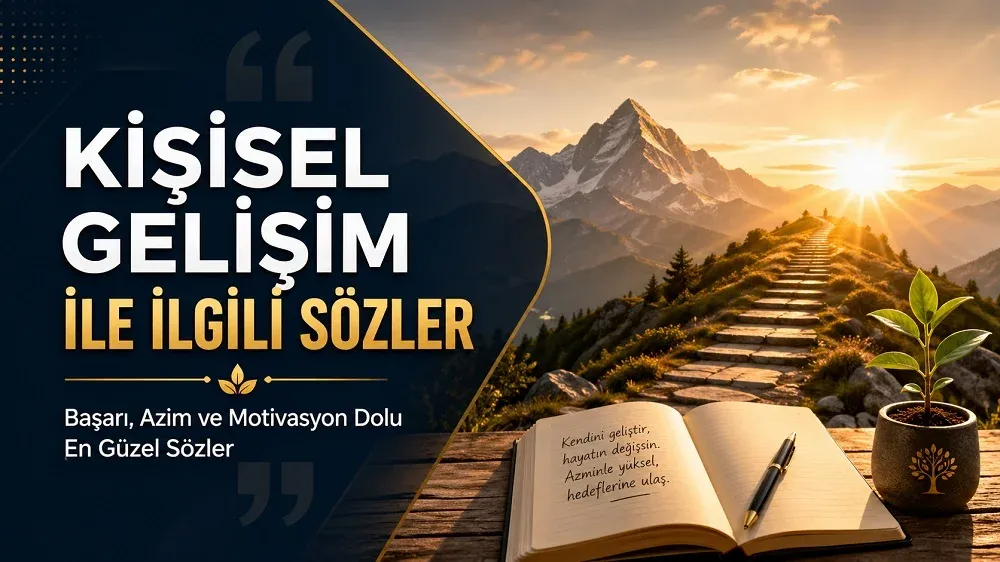 Kişisel gelişim ile ilgili sözler başlıklı, başarı azim ve motivasyon temasını yansıtan dağ yolu, açık defter ve büyüyen bitki detaylı blog kapak tasarımı.