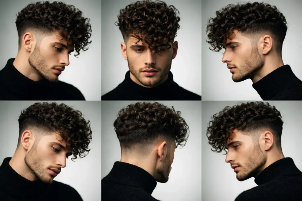 Yanları fade kesimli, üstü hacimli kıvırcık curly top erkek saç modeli.