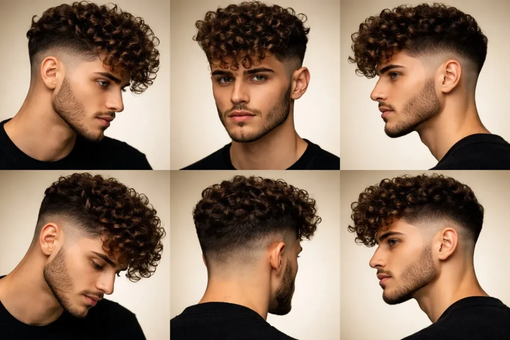 Yanları kısa undercut, üstü hacimli ve belirgin bukleli kıvırcık erkek saç modeli.