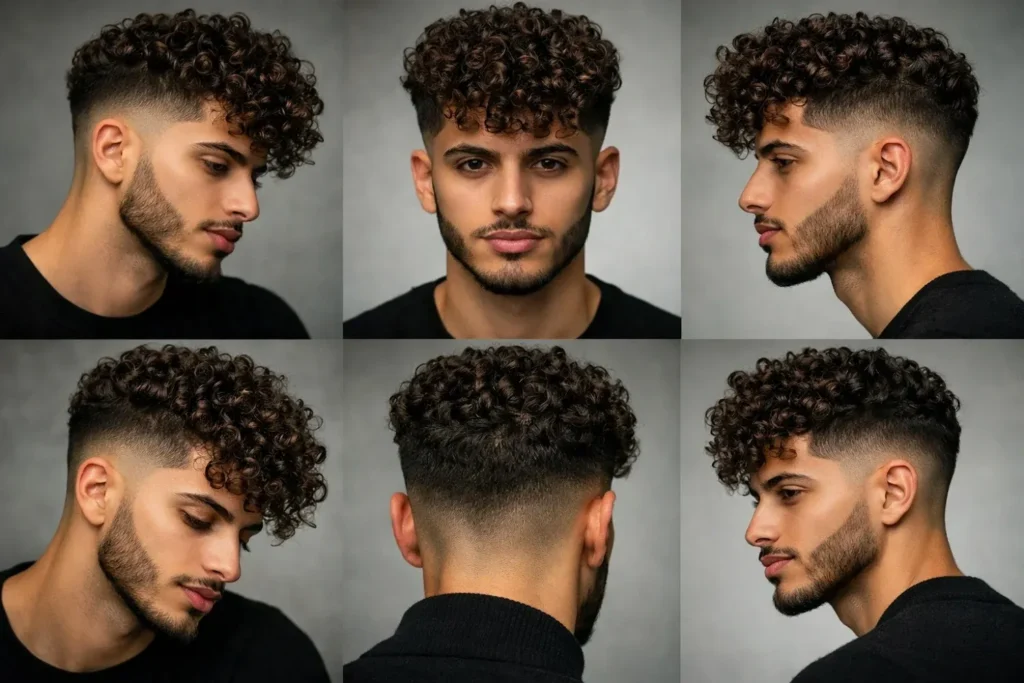 Yanları taper fade, üstü yoğun kıvırcık bukleli erkek saç modeli.