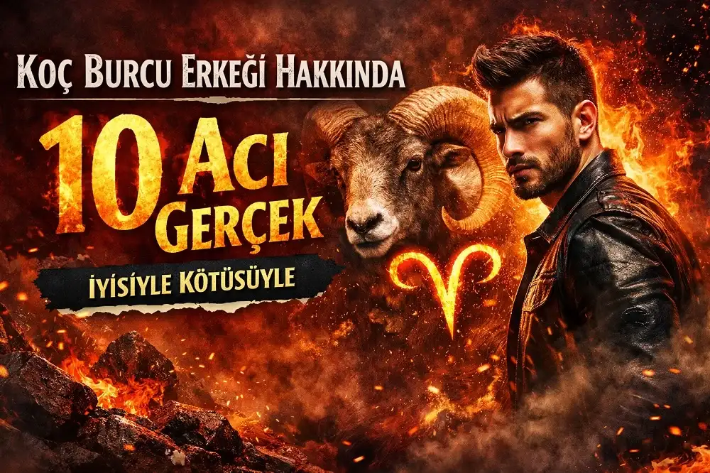 Koç burcu erkeğini temsil eden güçlü erkek figürü ve koç sembolü ile hazırlanan 10 acı gerçek temalı görsel