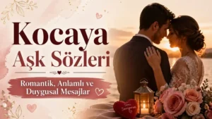 Kocaya aşk sözleri başlığı, romantik gün batımında birbirine sarılan çift, güller, mum ışığı ve sevgi temalı detaylarla hazırlanmış kapak tasarımı.