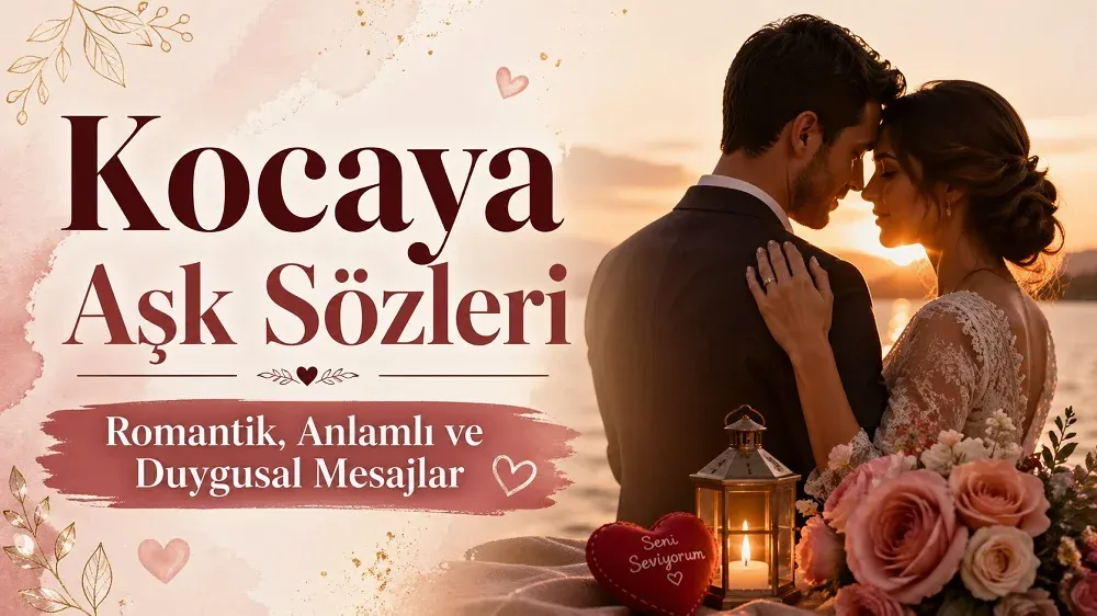 Kocaya aşk sözleri başlığı, romantik gün batımında birbirine sarılan çift, güller, mum ışığı ve sevgi temalı detaylarla hazırlanmış kapak tasarımı.