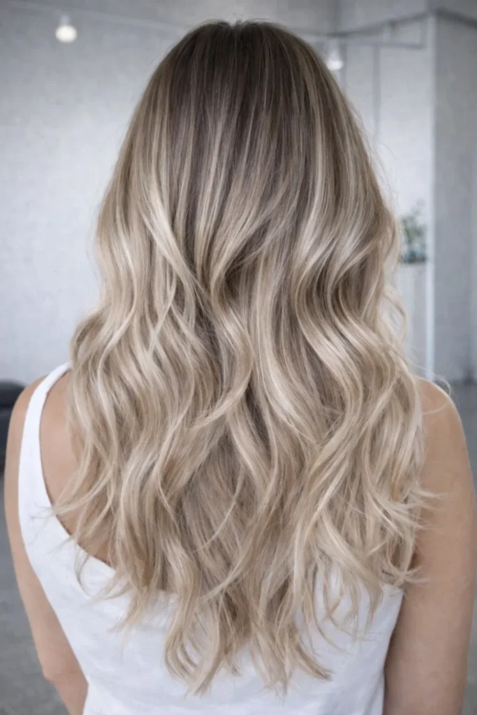 küllü bej ombre dalgalı uzun saç arkadan görünüm modern stil