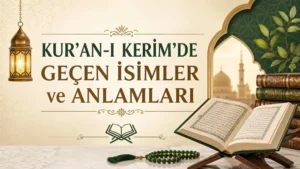 Kur’an-ı Kerim’de geçen isimler ve anlamları başlıklı, açık Kur’an, tesbih ve İslami desenler bulunan kapak görseli.