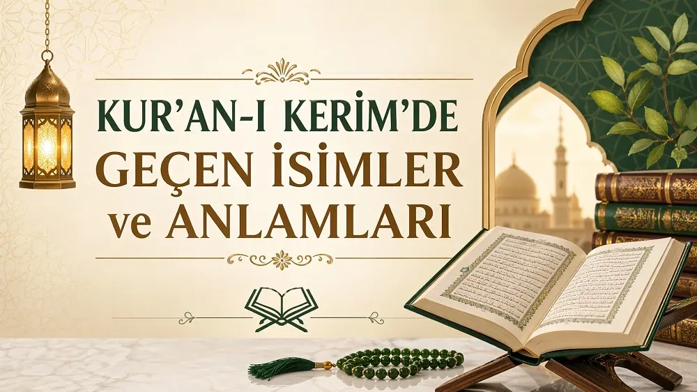 Kur’an-ı Kerim’de geçen isimler ve anlamları başlıklı, açık Kur’an, tesbih ve İslami desenler bulunan kapak görseli.