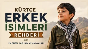 Kürtçe Erkek İsimleri Rehberi başlıklı, dağ manzarası önünde çocuk figürü bulunan sade ve modern kapak görseli.
