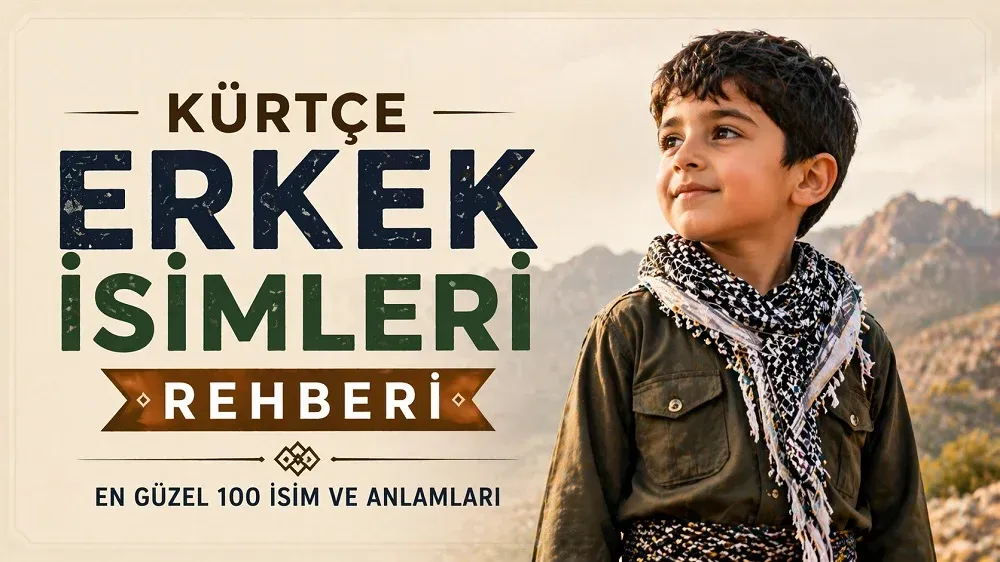 Kürtçe Erkek İsimleri Rehberi başlıklı, dağ manzarası önünde çocuk figürü bulunan sade ve modern kapak görseli.