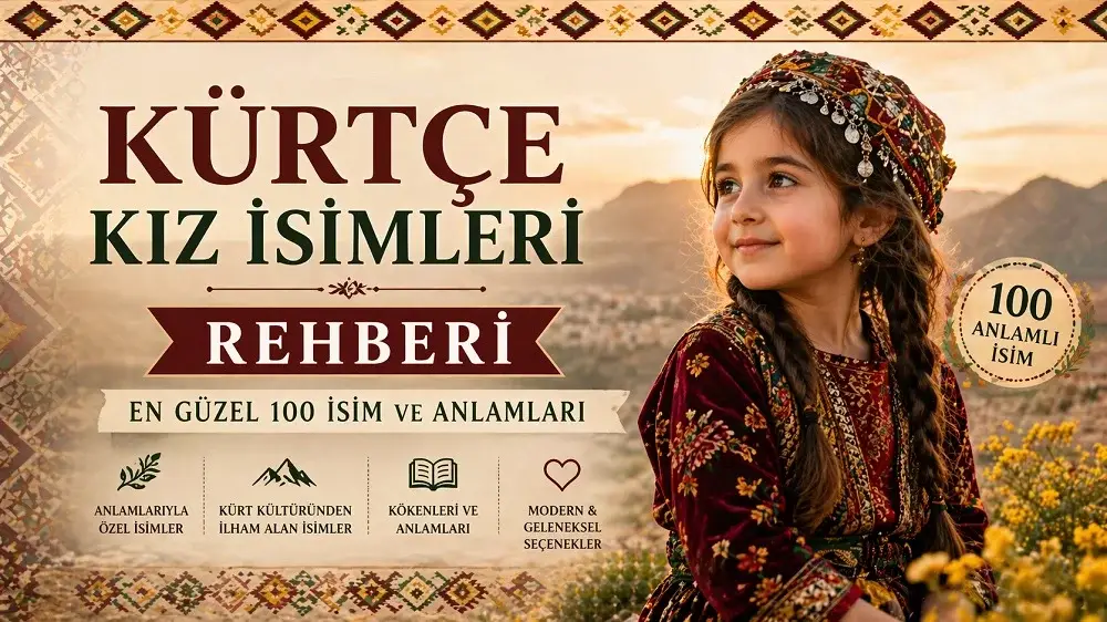 Kürtçe Kız İsimleri Rehberi başlıklı, geleneksel kıyafetli kız çocuğu ve dağ manzarası bulunan kültürel kapak görseli.
