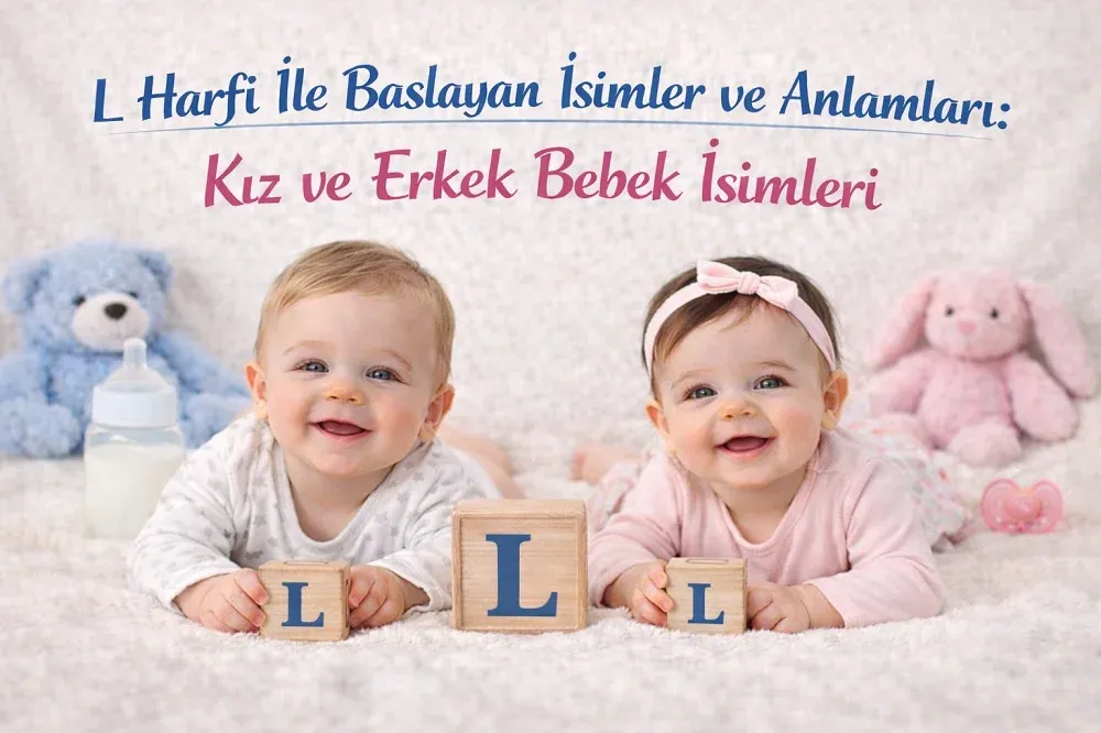 L harfi ile başlayan kız ve erkek bebek isimleri başlıklı görselde L harfli blok küpler yanında iki bebek.