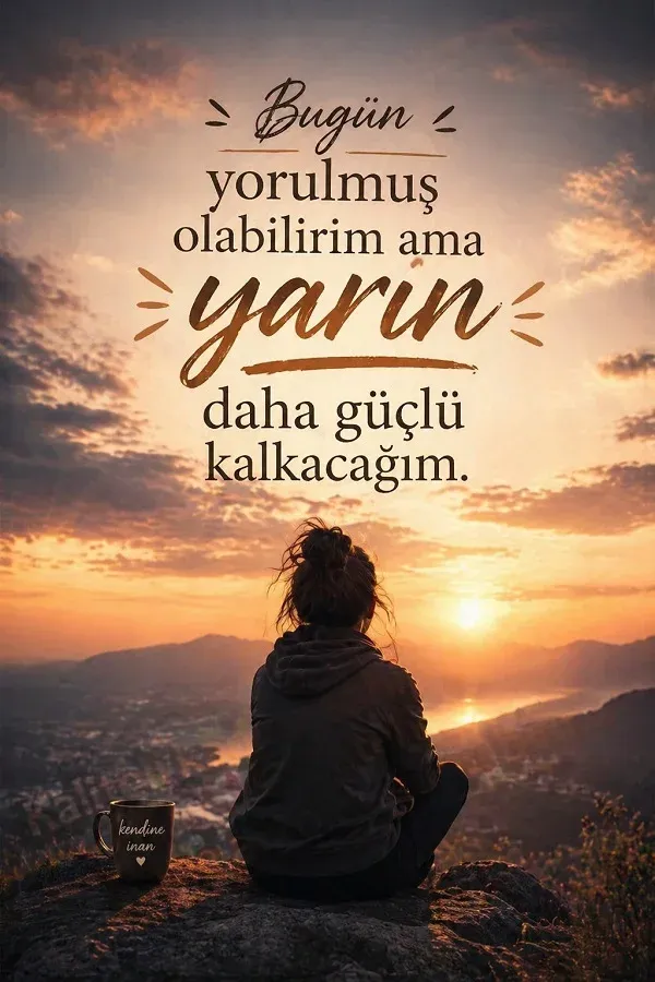 Dağ manzarasında gün doğumuna bakan kişi ve bugün yorulmuş olabilirim ama yarın daha güçlü kalkacağım yazısı.