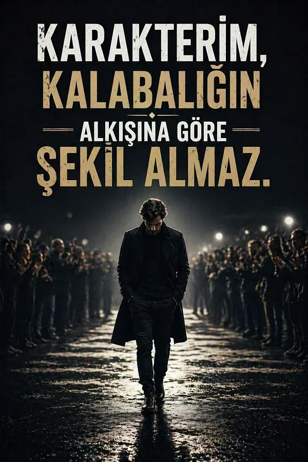 Kalabalığın arasından yürüyen adam ve karakterim kalabalığın alkışına göre şekil almaz yazısı.
