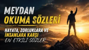 Dağ zirvesinde yumruğunu havaya kaldıran bir kişi ve arka planda gün doğumu ile meydan okuma sözleri temalı motive edici görsel.