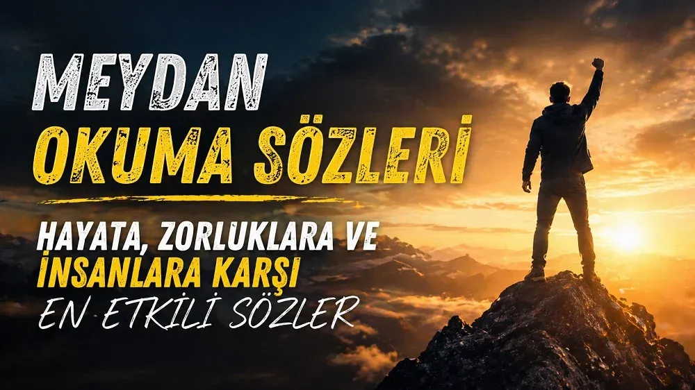 Dağ zirvesinde yumruğunu havaya kaldıran bir kişi ve arka planda gün doğumu ile meydan okuma sözleri temalı motive edici görsel.