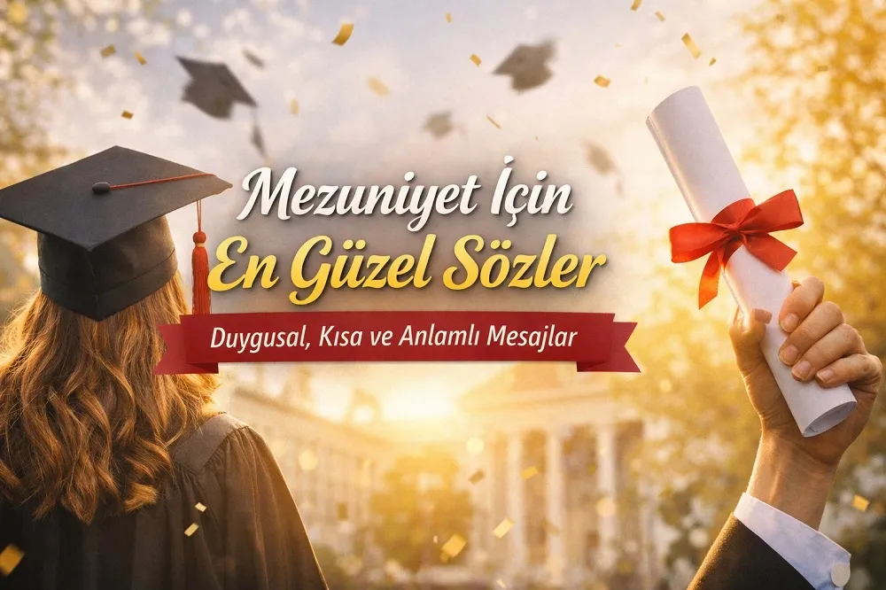 Mezuniyet kepi atan öğrenci ve diploma tutan el ile mezuniyet sözleri temalı kutlama görseli