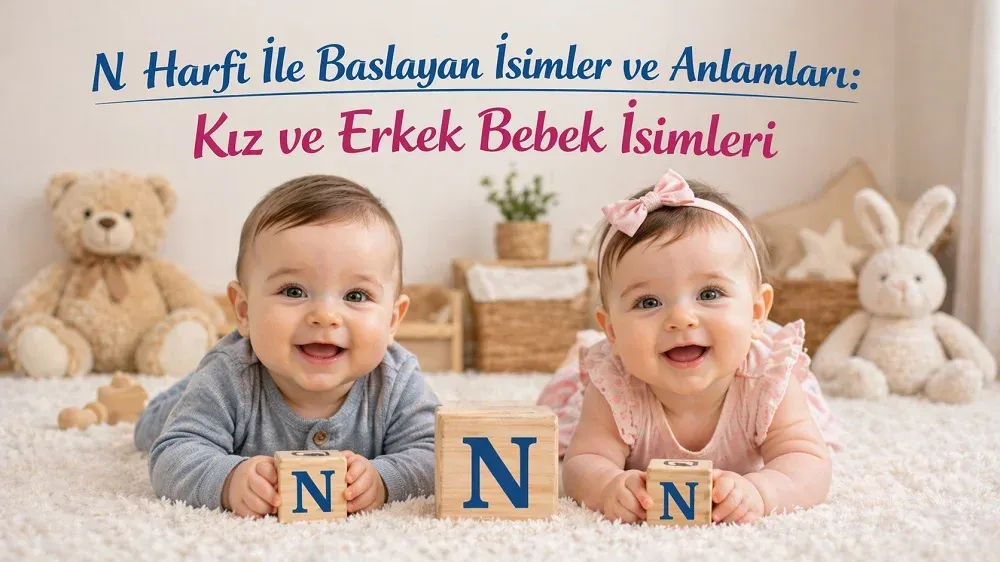 N harfi ile başlayan kız ve erkek bebek isimleri başlıklı görselde N harfli blok küpler yanında iki bebek.