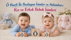 Ö harfi ile başlayan kız ve erkek bebek isimleri başlıklı görselde Ö harfli blok küpler yanında iki bebek.