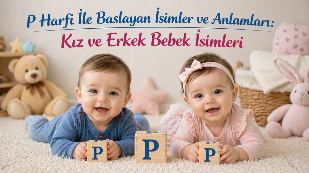 P harfi ile başlayan kız ve erkek bebek isimleri başlıklı görselde P harfli blok küpler yanında iki bebek.