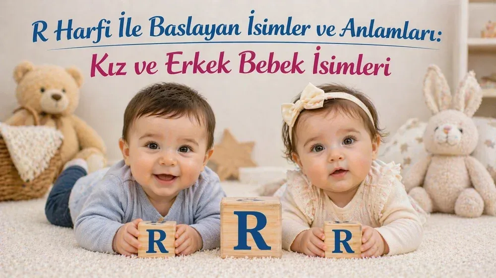 R harfi ile başlayan kız ve erkek bebek isimleri başlıklı görselde R harfli blok küpler yanında iki bebek.