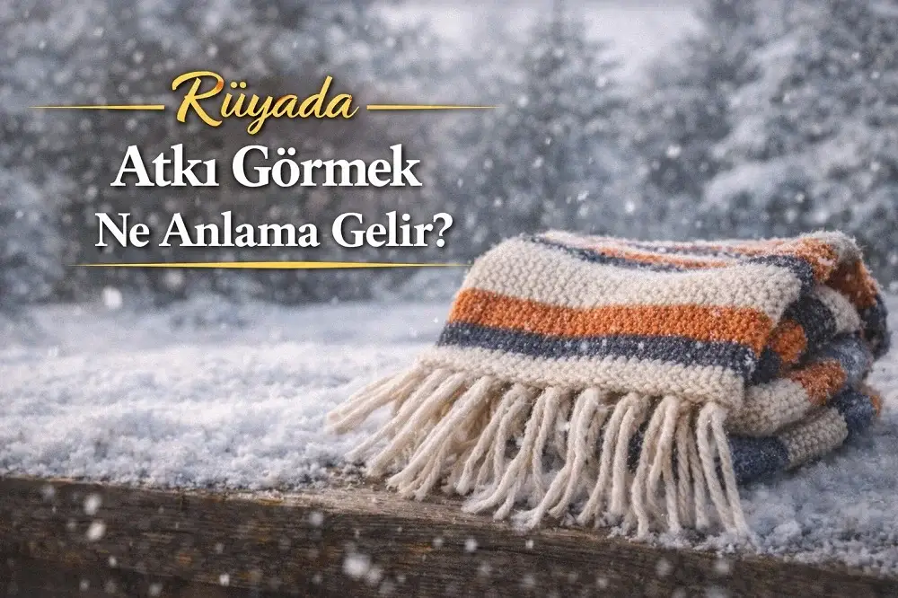 Kar üzerinde duran örgü atkı ve üzerinde “Rüyada Atkı Görmek Ne Anlama Gelir?” yazan kış temalı kapak görseli.
