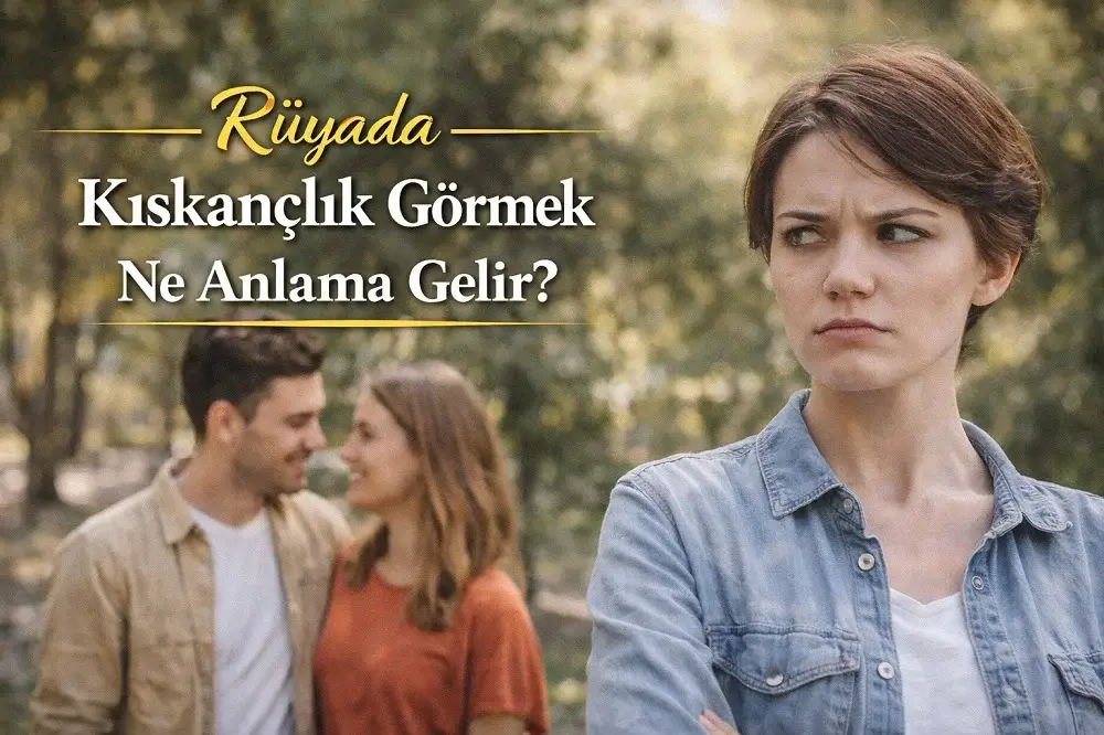 Rüyada kıskançlık görmek görseli, kıskanç ifadeli bir kadın ve arka planda duran bir çift.