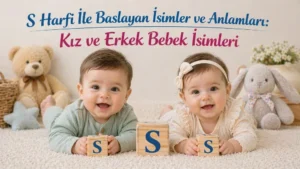 S harfi ile başlayan kız ve erkek bebek isimleri başlıklı görselde S harfli blok küpler yanında iki bebek.