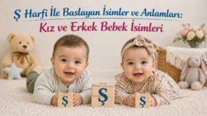 Ş harfi ile başlayan kız ve erkek bebek isimleri başlıklı görselde Ş harfli blok küpler yanında iki bebek.