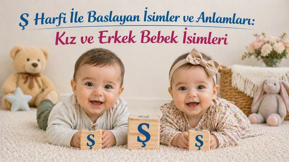 Ş harfi ile başlayan kız ve erkek bebek isimleri başlıklı görselde Ş harfli blok küpler yanında iki bebek.