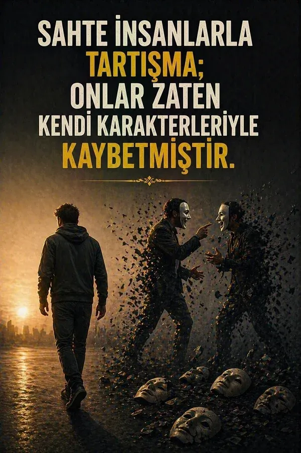 Maskeli insanlar ve sahte kişilerle ilgili sert söz bulunan dikey görsel.