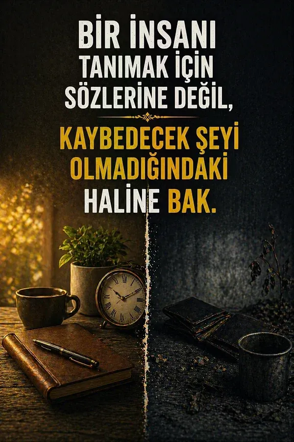 Masa üzerindeki saat ve eşyalarla insan karakteri hakkında söz bulunan dikey görsel.