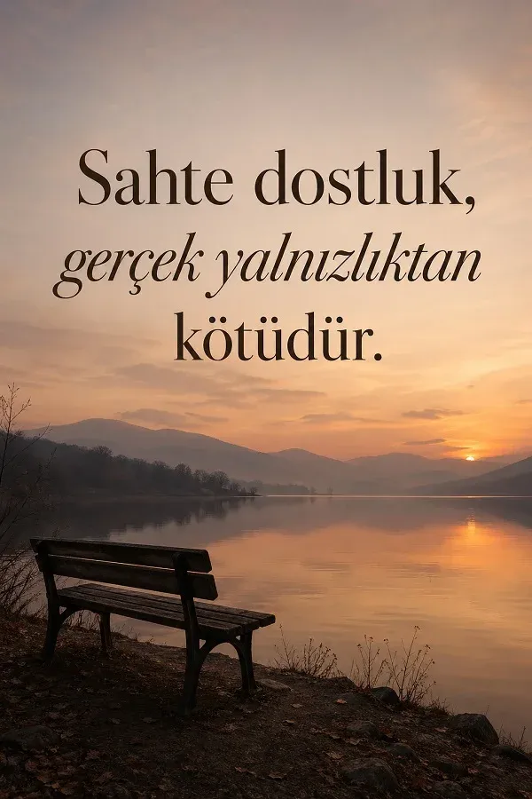 Göl kenarında boş bank ve sahte dostlukla ilgili söz bulunan dikey görsel.