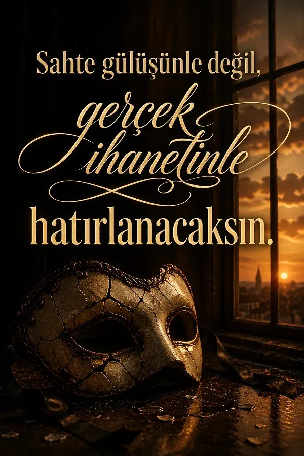 Kırık maske ve ihanetle ilgili sert söz bulunan dikey görsel.