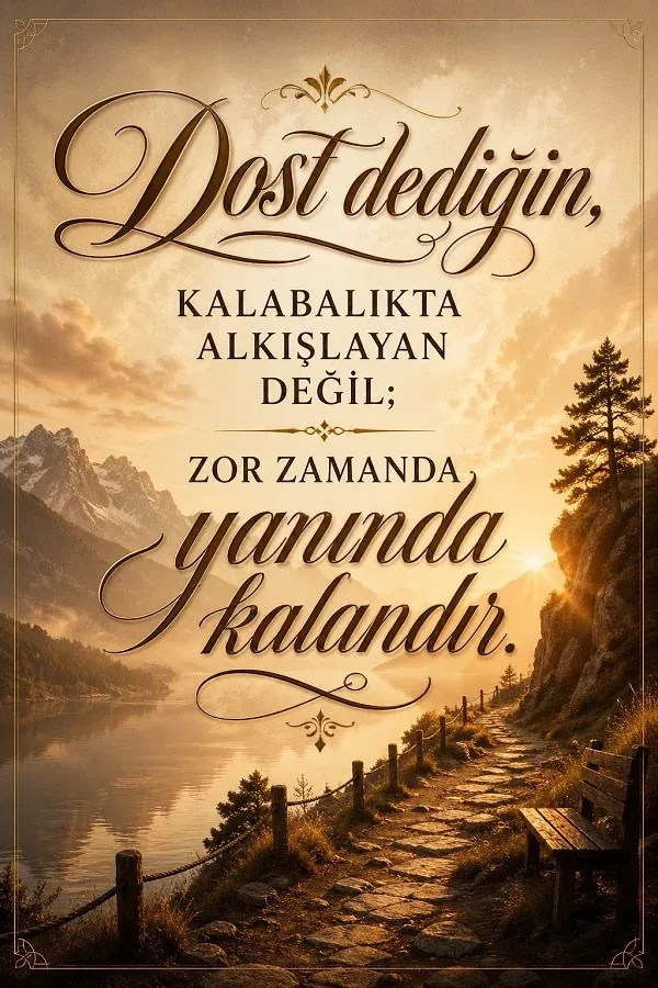 Dağ manzarasında yol kenarı bank ve dostlukla ilgili söz bulunan dikey görsel.