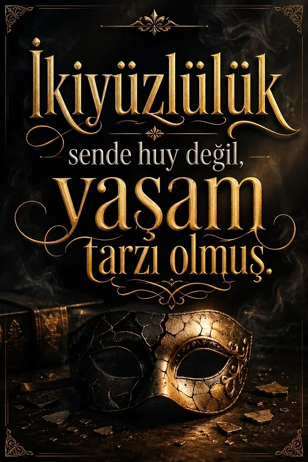 Altın renkli maske ve ikiyüzlülükle ilgili sert söz bulunan dikey görsel.