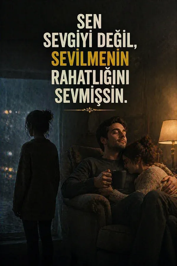 Odada oturan çift ve sevgiyle ilgili anlamlı söz bulunan dikey görsel.