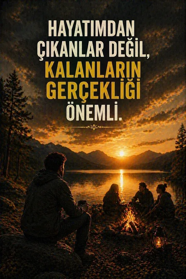 Kamp ateşi başında arkadaşlar ve gerçek dostlukla ilgili söz bulunan dikey görsel.