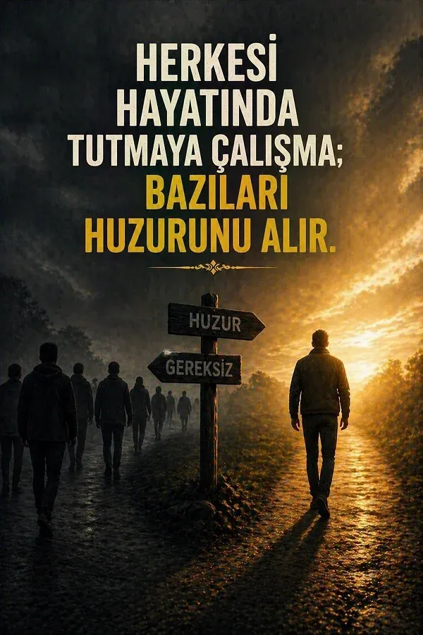 Yol ayrımında huzur tabelası ve insan ilişkileriyle ilgili söz bulunan dikey görsel.