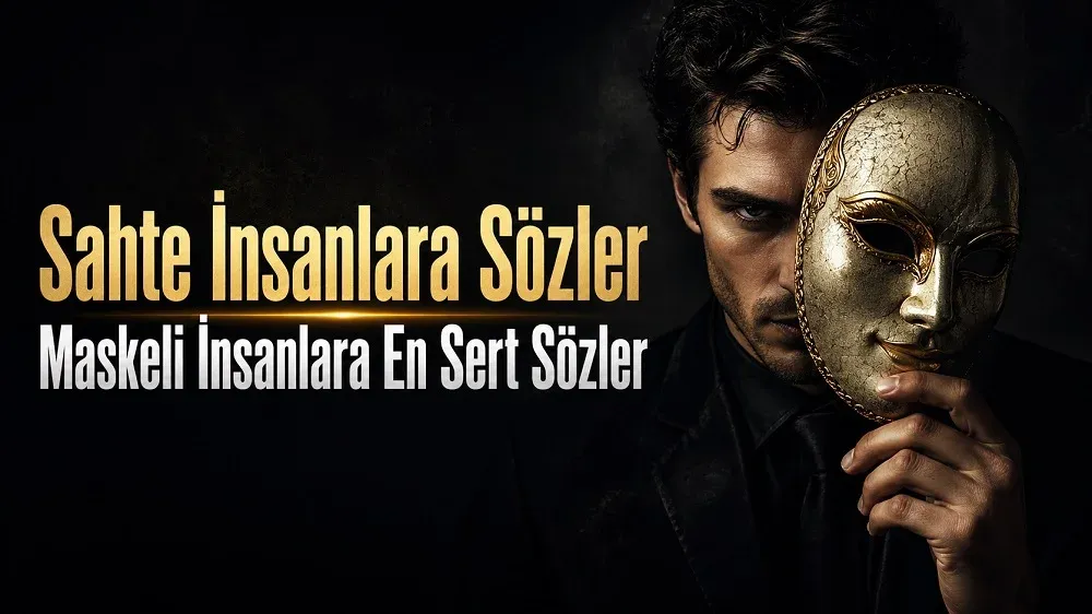 Elinde altın renkli maske tutan ciddi bakışlı bir adamın yer aldığı, “Sahte İnsanlara Sözler – Maskeli İnsanlara En Sert Sözler” yazılı koyu temalı kapak görseli.