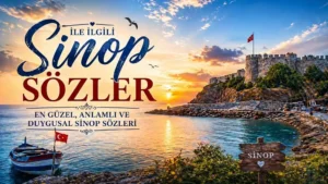 Sinop Kalesi, deniz kıyısı ve gün batımı manzarası ile Sinop ile ilgili sözler temalı kapak görseli.
